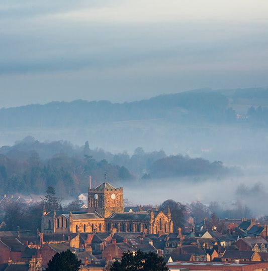 Early on a misty winter's day over the town of Hexham in the Tyne Valley, Northumberland