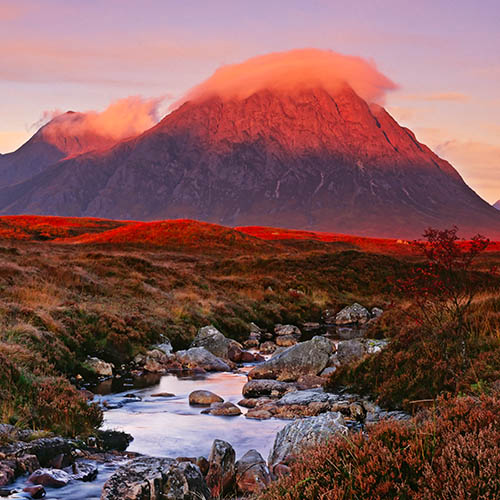Buchaille Etive Mor, at first light on an autumnal morning overlooking the River Etive, Scotland