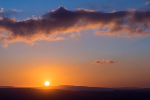 Winter sunset looking towards West Allendale from Kevelin Moor above Allendale in the NPAONB, Northumberland